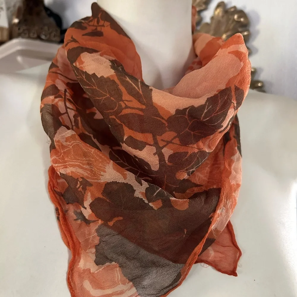 Vintage Sheer Fall Leaves Scarf Hand-Rolled/Hand-Sewn